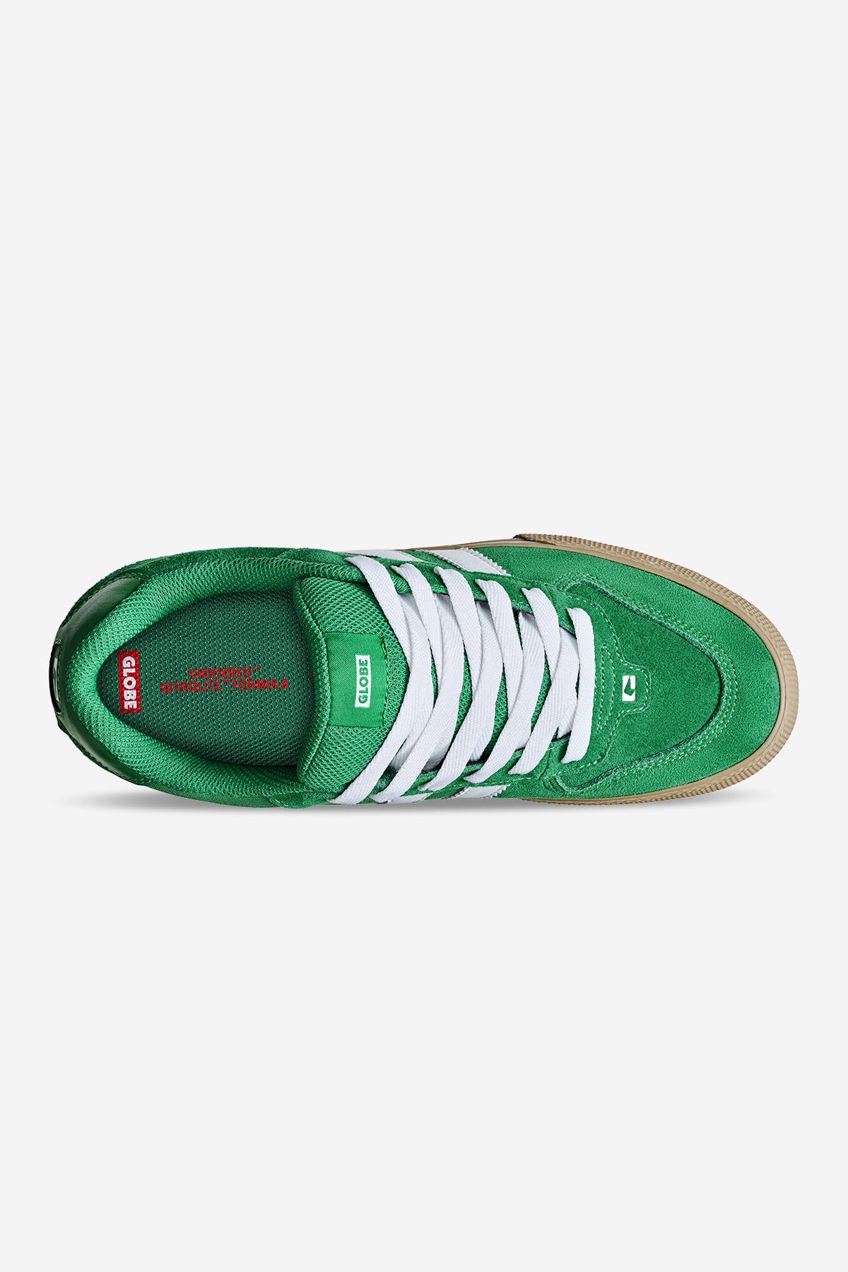 Top view of the Encore-2 - Green/White/Gum sneaker featuring white laces, a tan gum sole, red insole with text, low-cut design, and visible stitching details.