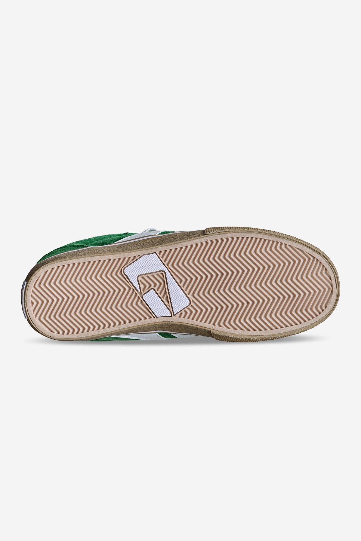 The image shows the sole of the Encore-2 - Green/White/Gum sneaker with a gum-colored, herringbone-pattern outsole, a small white geometric logo near the middle, and green and white visible on the upper edges.