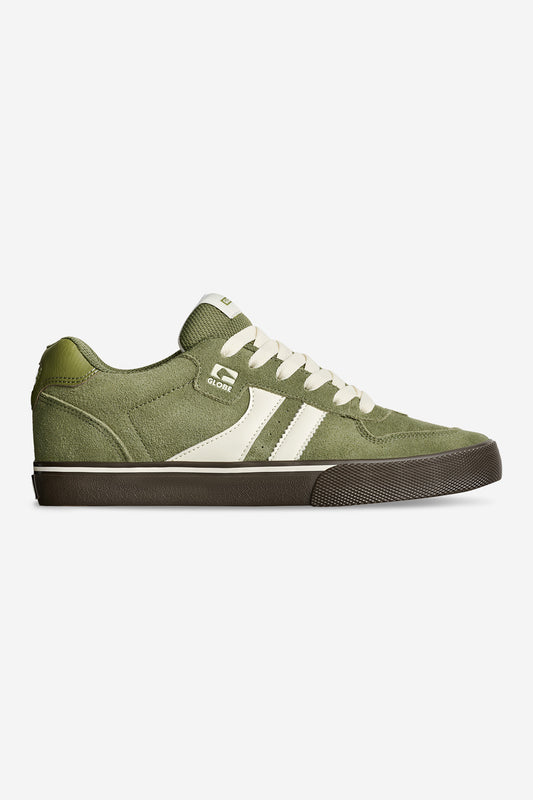 Olive green Encore-2 sneaker with white laces white twin stripes and dark gum sole