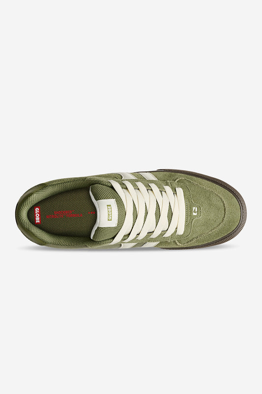 Top view of Encore II Olive Branch skate shoe in olive suede with white twin stripes and laces