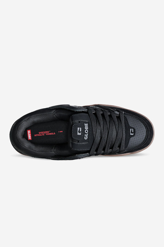Top view of the Fusion - Black/Tobacco Gum skate shoe by Globe with black laces, perforated toe box, and a red insole label that reads Globe Nitrolite Formula.