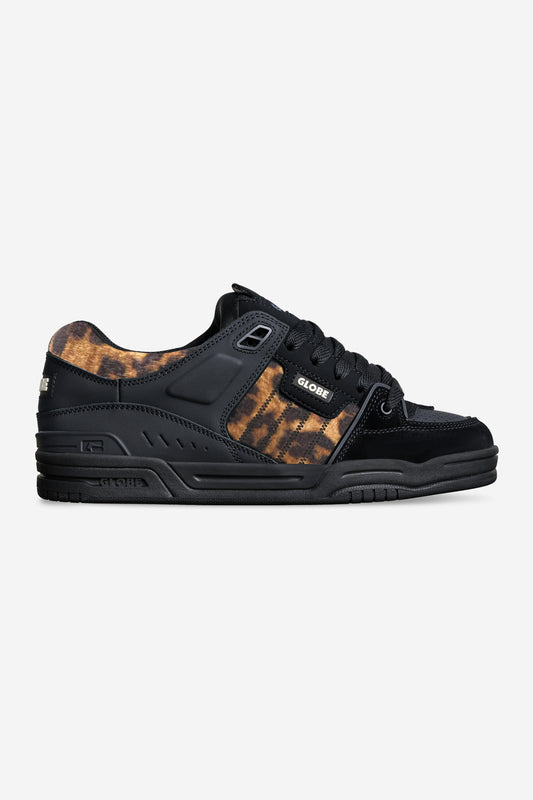 Fusion black leopard skate shoe with leopard print panels and black sole