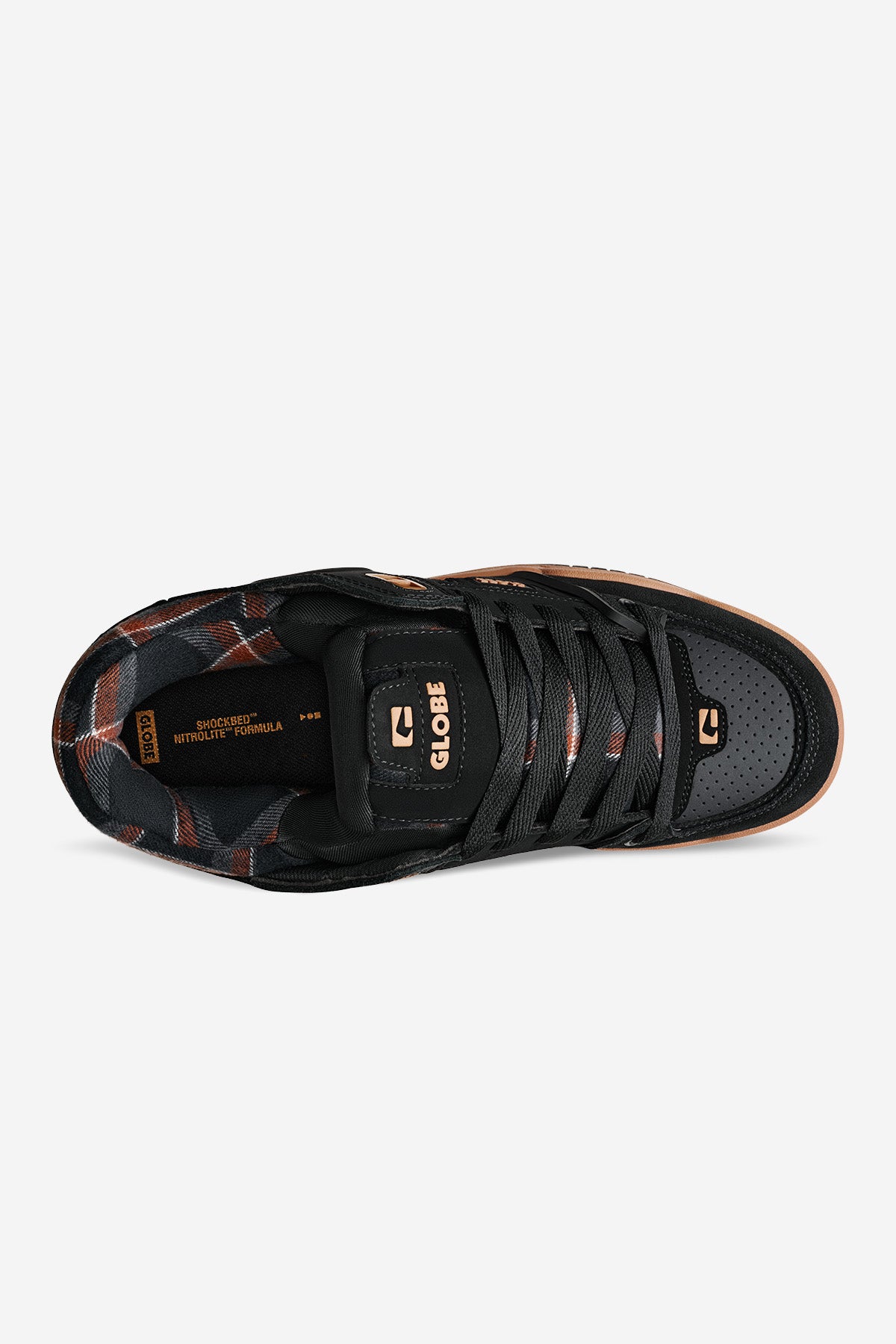 Top view of Fusion skate shoe in black with tartan lining and tan outsole