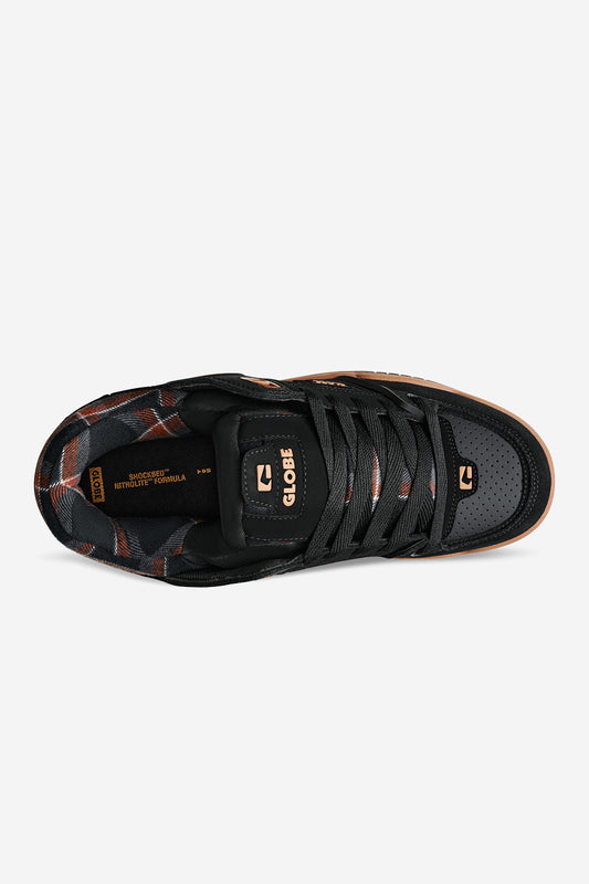 Top view of Fusion skate shoe in black with tartan lining and tan outsole