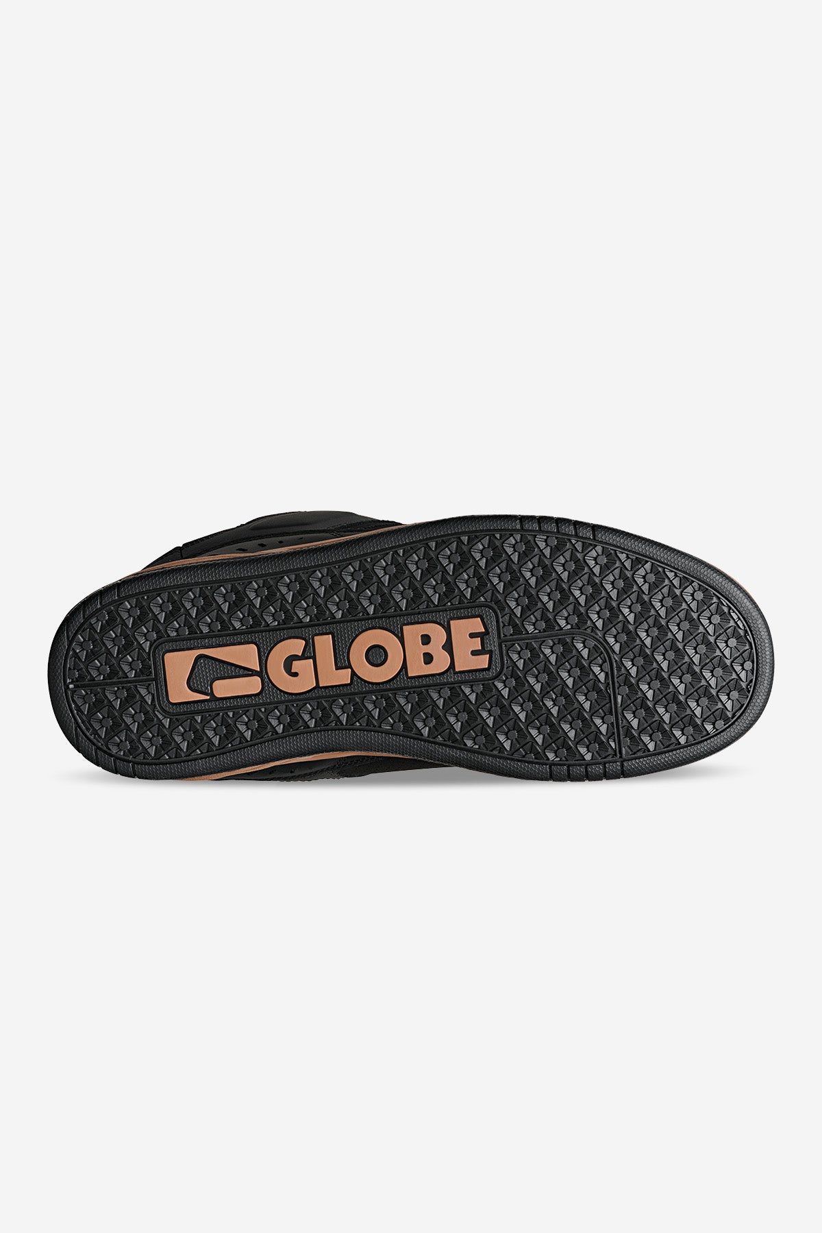 Bottom view of Fusion skate shoe with textured black sole and tan Globe logo