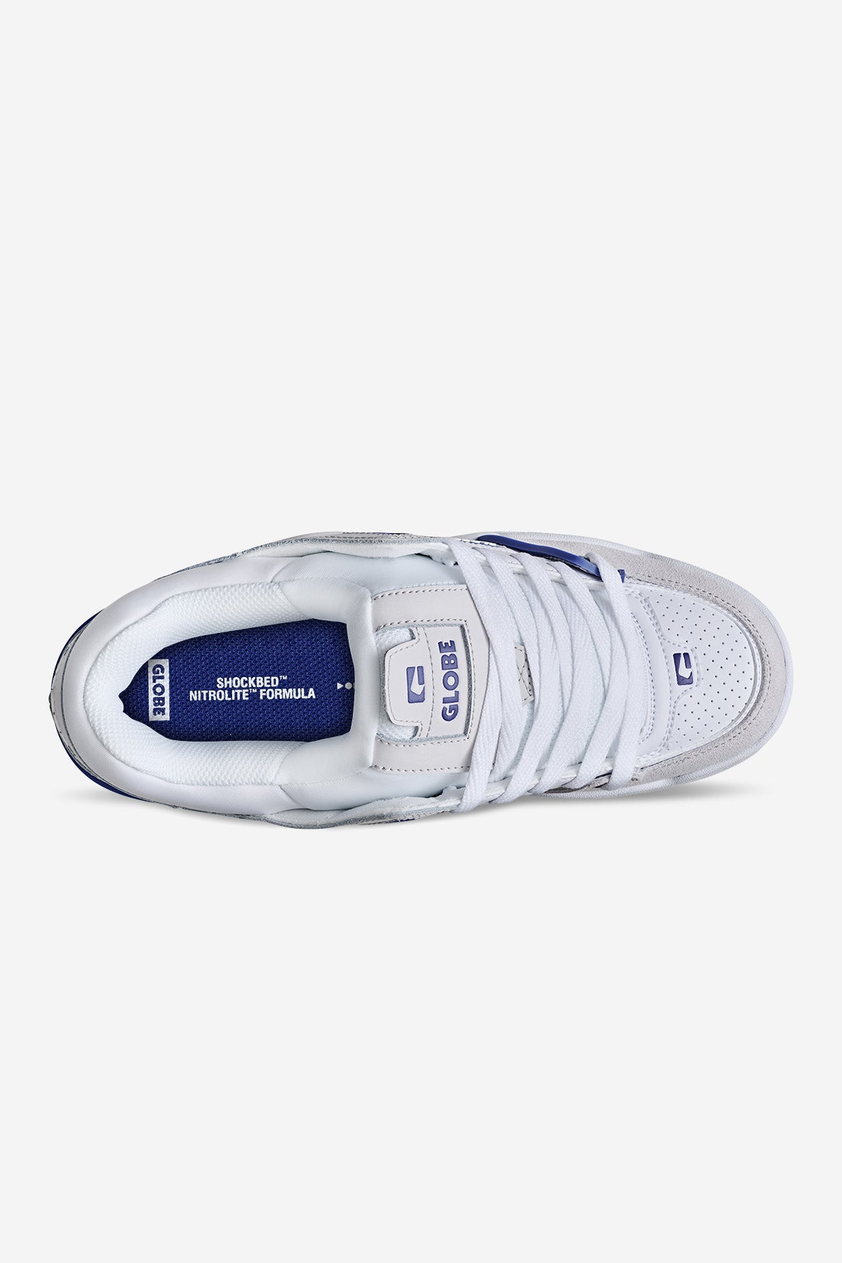 A top view of the Fusion - Blue/White sneaker, featuring white laces, a tongue with GLOBE branding, and a blue insole labeled SHOCKBED NITROLITE FORMULA.
