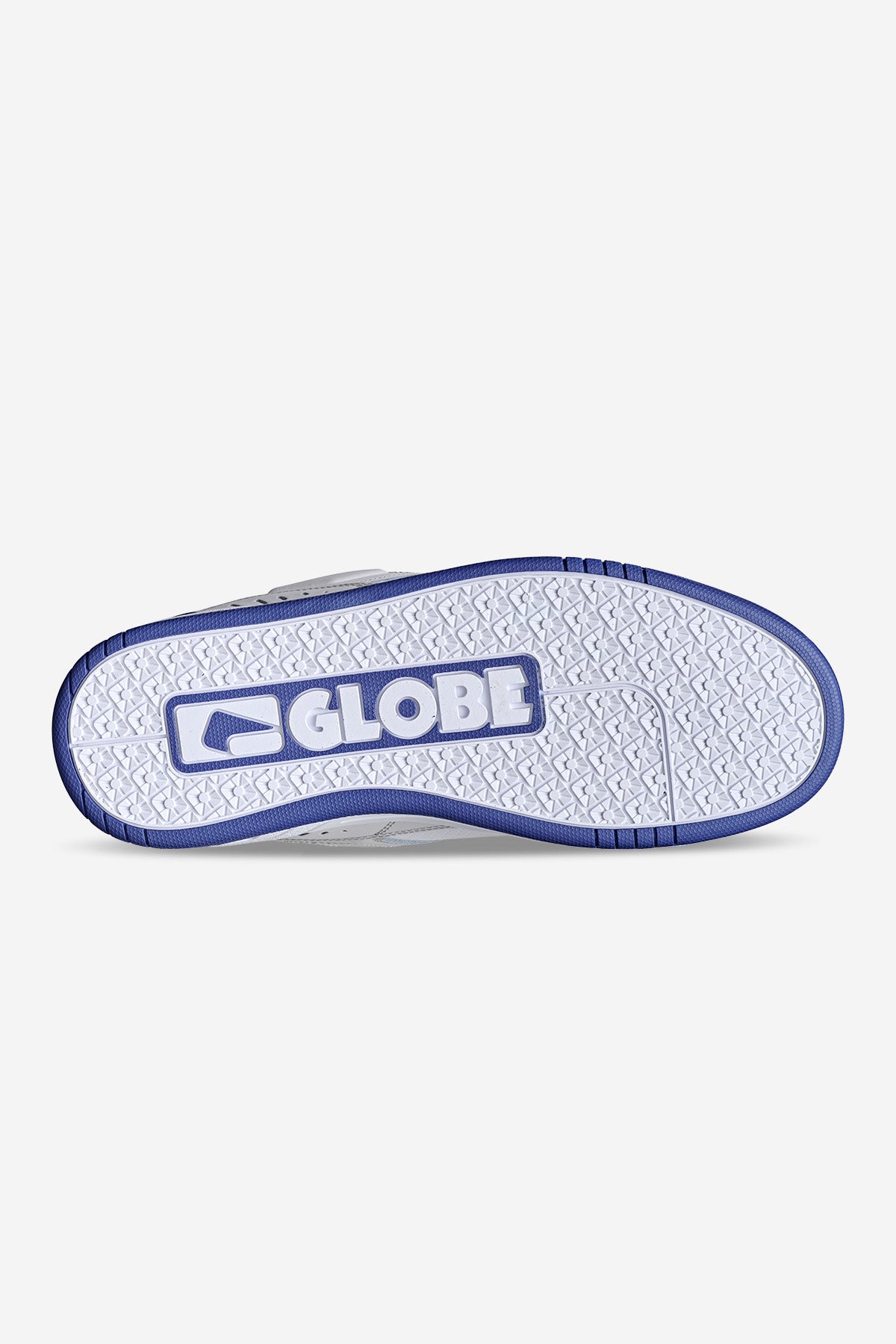 The image shows the white sole of the Fusion - Blue/White sneaker, featuring a blue border, large blue "GLOBE" lettering at the center, and a textured grip pattern.