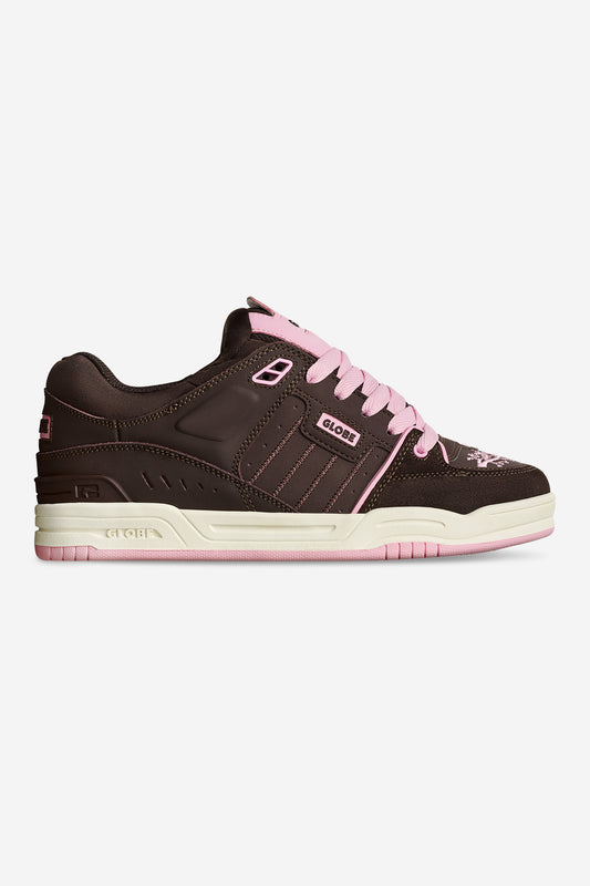 Side view of brown Fusion skate shoe with pink laces and floral toe accents