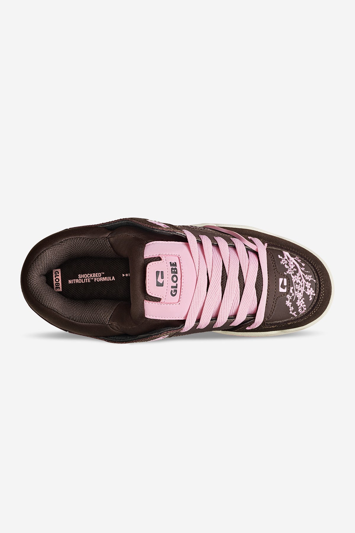 Top view of brown Fusion sneaker with pink laces and floral toe embroidery