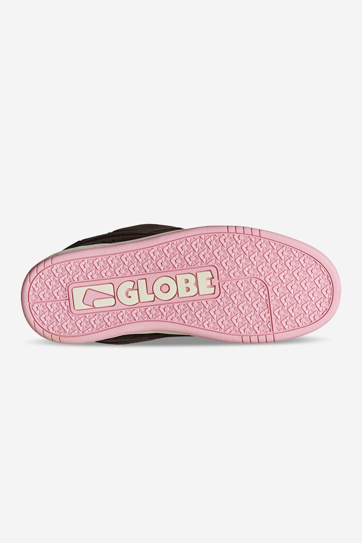 Bottom view of brown Fusion sneaker showing pink outsole and Globe logo