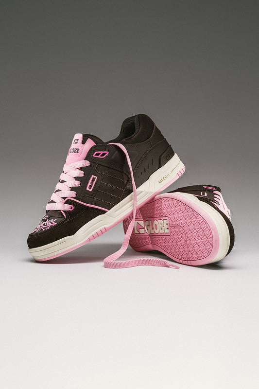 Fusion brown cherry blossom skate shoe with pink laces and white midsole, shown in a stacked pose