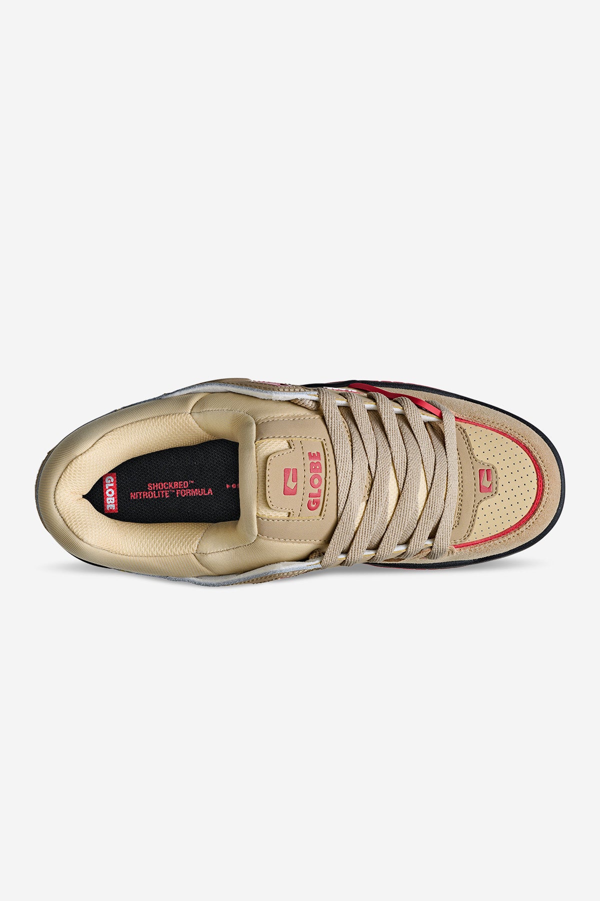 Top view of the Fusion - Khaki/Red skate shoe with tan laces, perforated toe box, red accents, and GLOBE on the side. The insole displays red SHOCKBED NITROLITE FORMULA text.