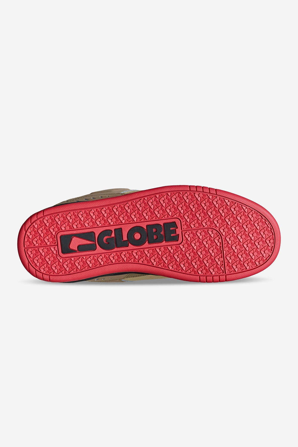 The underside of the Fusion - Khaki/Red shoe has a red sole with a black and red GLOBE logo in the center and a textured grip pattern.
