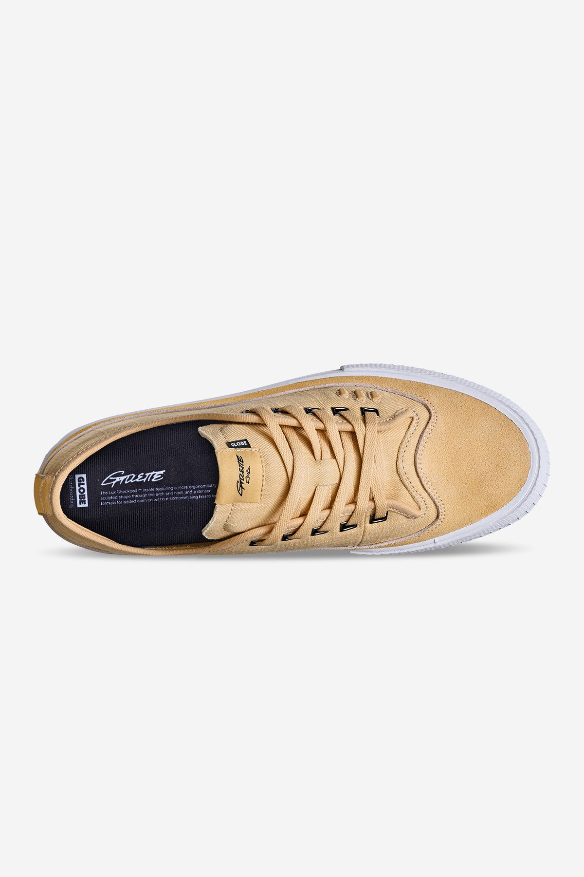 Top view of the Gillette - Khaki Linen sneaker in tan suede with light brown laces, white sole, black interior lining, and white and gold branding on the tongue and insole.