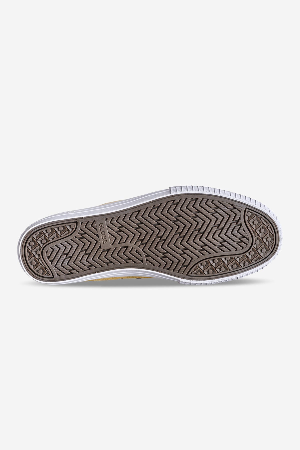 The image shows the sole of the Gillette - Khaki Linen sneaker, with a white outer edge and a brown, textured tread featuring zigzag and circular designs. The brand name Globe is visible in the center against a plain white background.