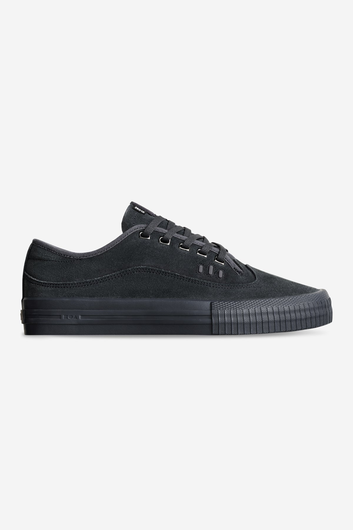 Side profile of Gillette Dark Ink skate shoe in black suede with a thick rubber sole