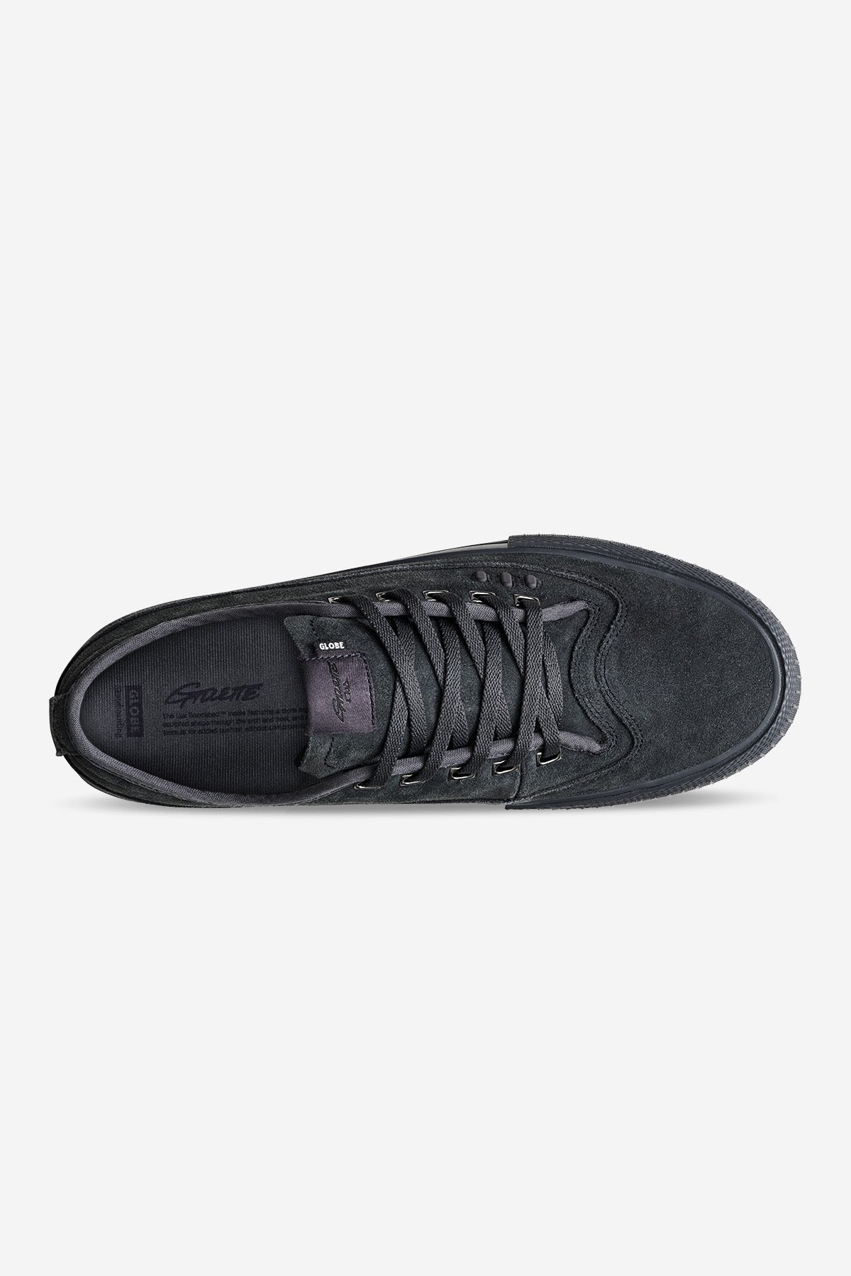Top view of Gillette Dark Ink skate shoe showing black suede upper and laced closure