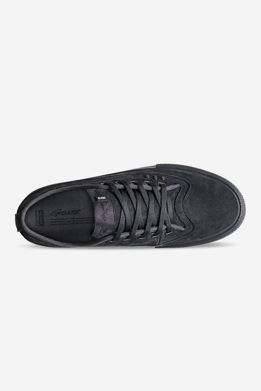 Top view of Gillette Dark Ink skate shoe showing black suede upper and laced closure
