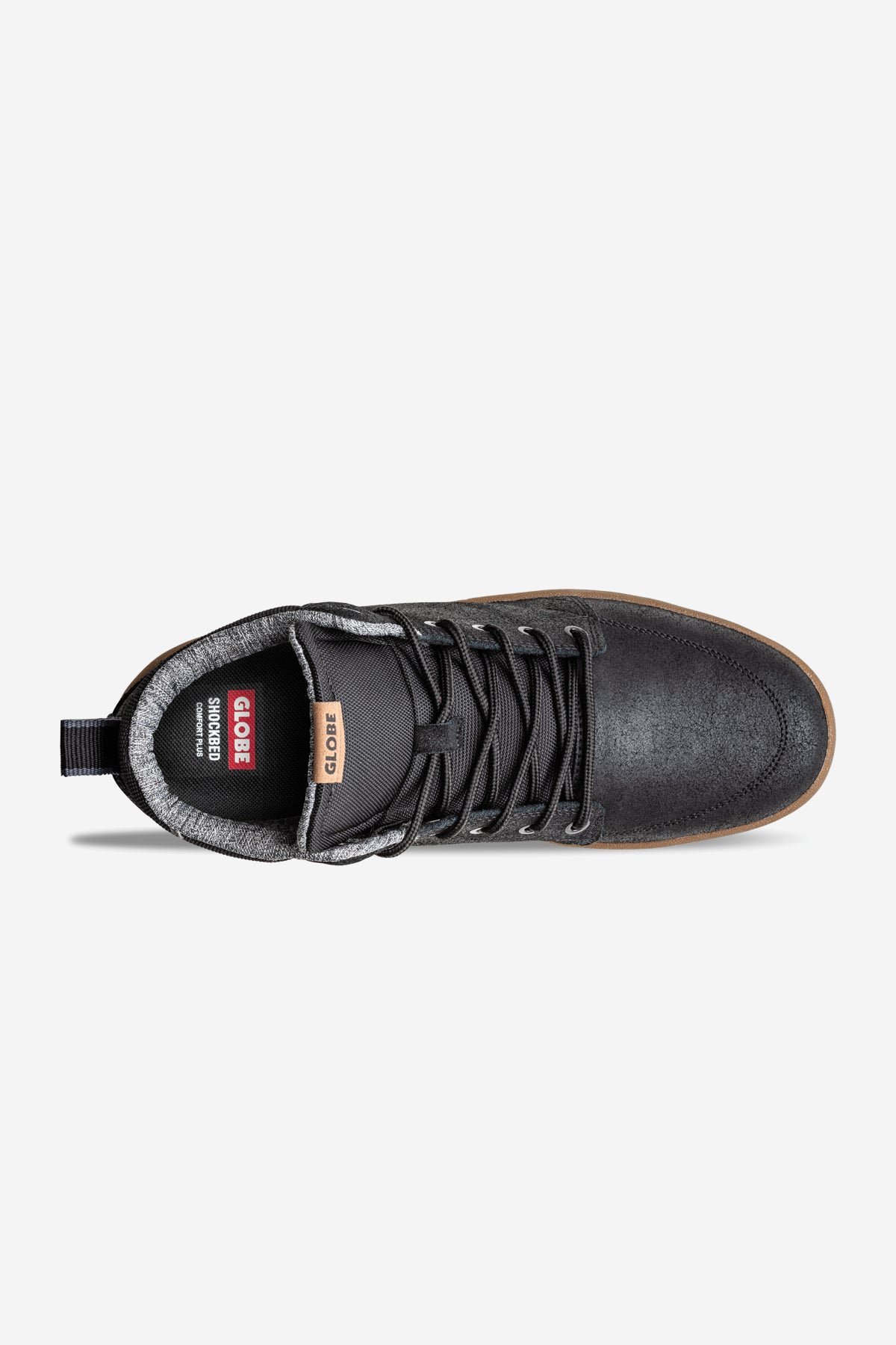 Top view of the black Globe GS Boot hi-top sneaker in oiled suede with black laces, gray padded collar, tan branded tongue label, textured finish, and brown outsole for a classic look.