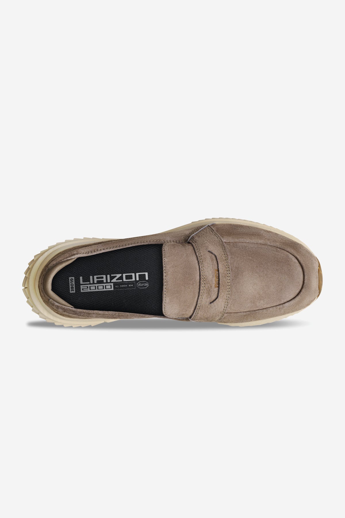 Top view of the Liaizon Vibram - Walnut loafer in beige suede, featuring a chunky cream rubber sole and black insole with "LIAZON 2000" text.