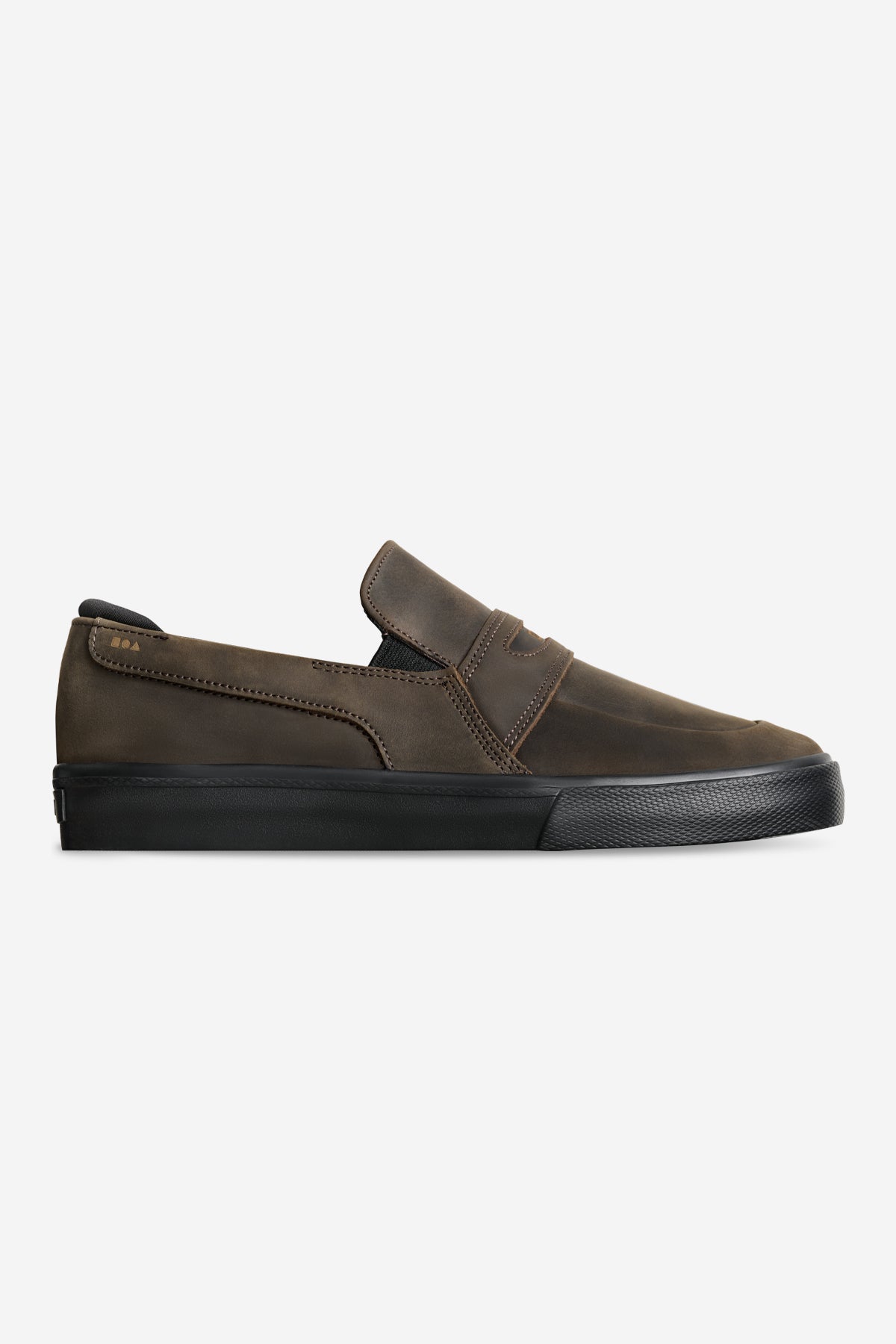 Liaizon slip on loafer with brown crocodile leather upper and black sole in side profile
