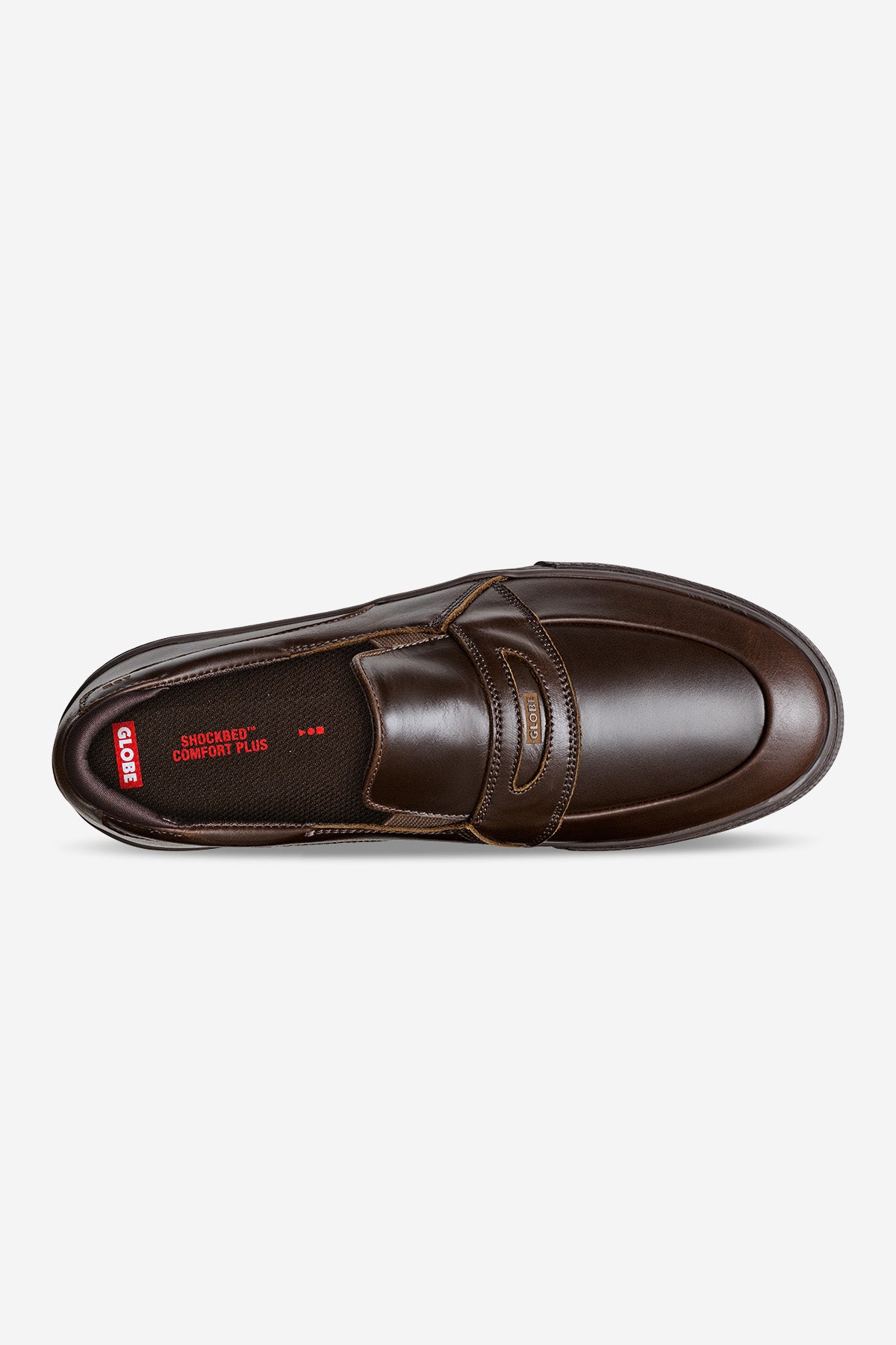 Top view of the Liaizon - Dark Brown loafer featuring a penny strap and a cushioned insole labeled “SHOCKPRO COMFORT PLUS” in red and white, shown on a plain white background.