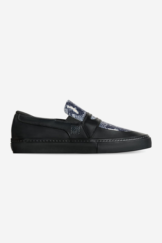 The Liaizon - Wasted Talent Black/Snake loafer features black leather with a blue and white textured patterned upper, shown against a white background.