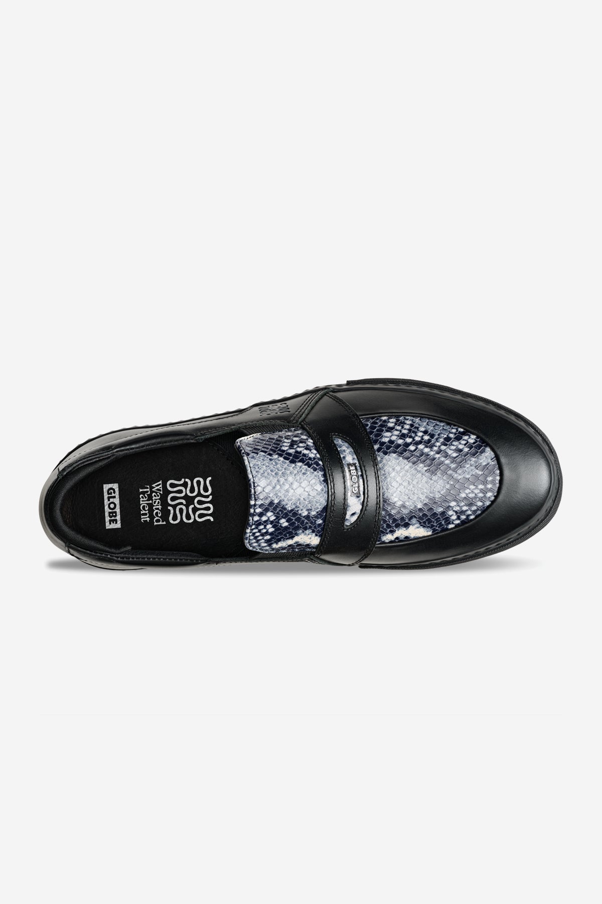 Top view of the Liaizon - Wasted Talent Black/Snake loafer: black leather with a faux snakeskin insole and upper panel, plus a strap featuring subtle metallic detail. The interior displays brand and comfort labeling.