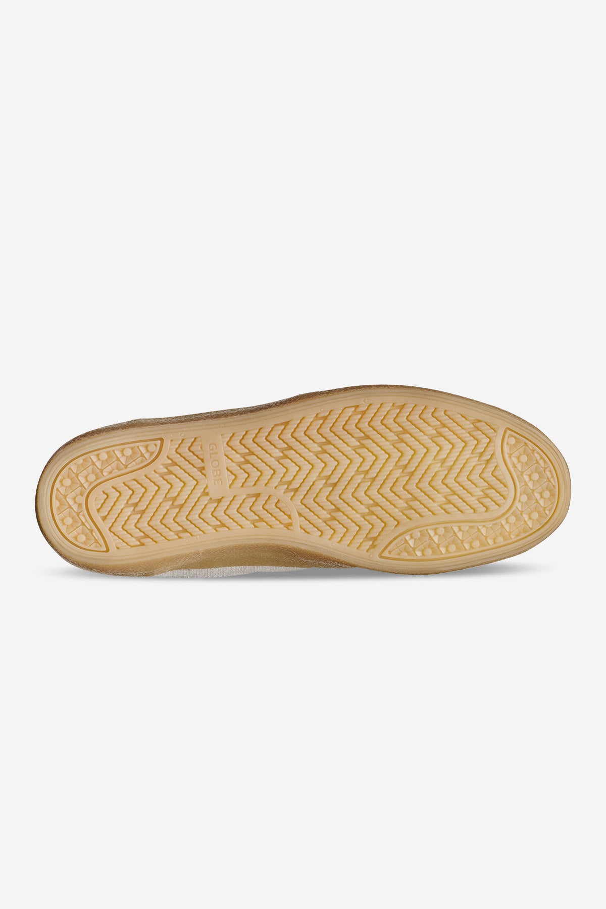 The image shows the sole of the Mahalo - Hemp/Crepe shoe, featuring a light brown rubber bottom with a herringbone tread pattern and circular grip designs along the edges.