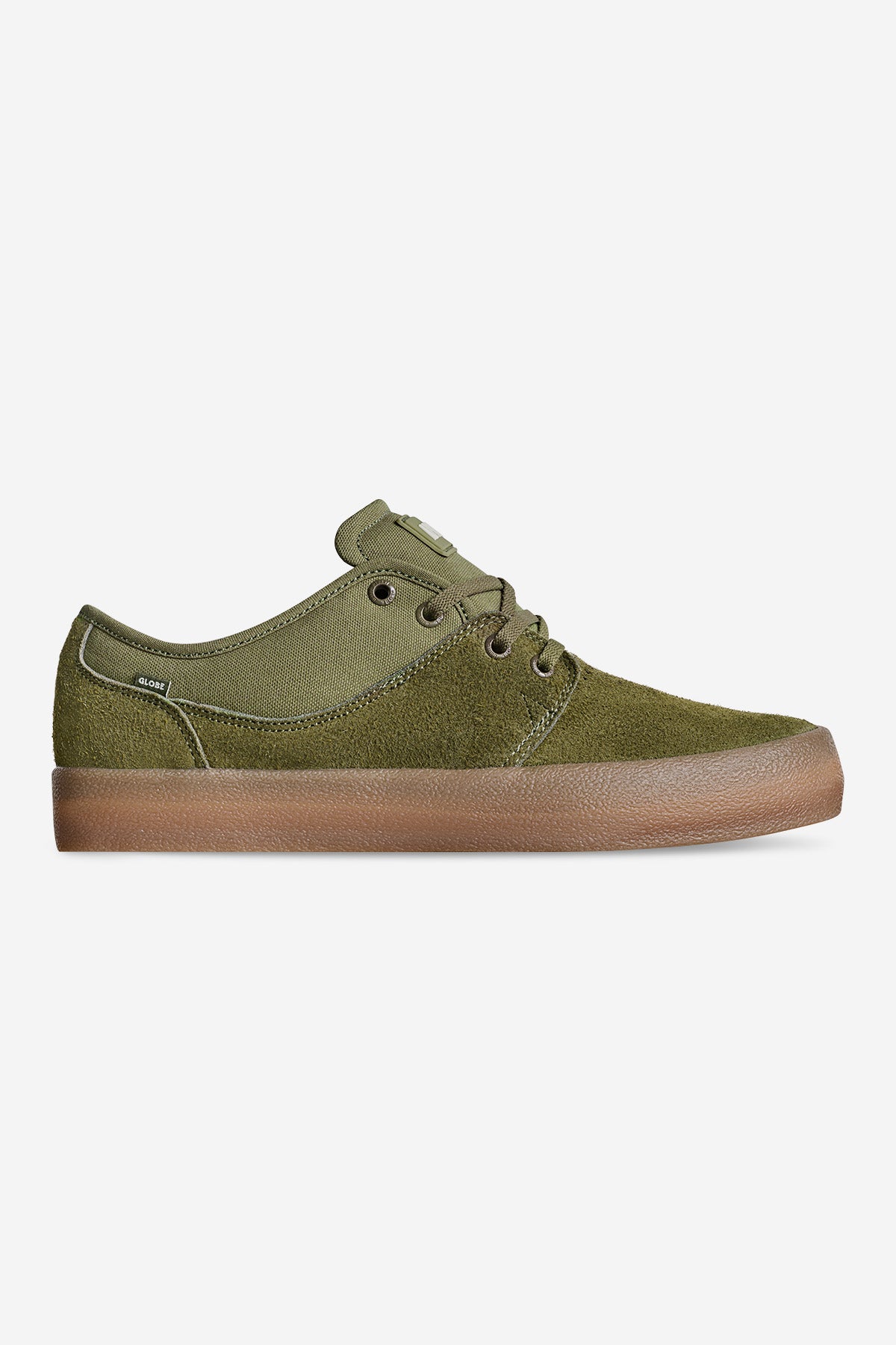 The Mahalo - Military Olive/Crepe is a green low-top sneaker featuring suede and canvas textures, a lace-up design, and a brown rubber sole, shown in side profile on a plain white background.