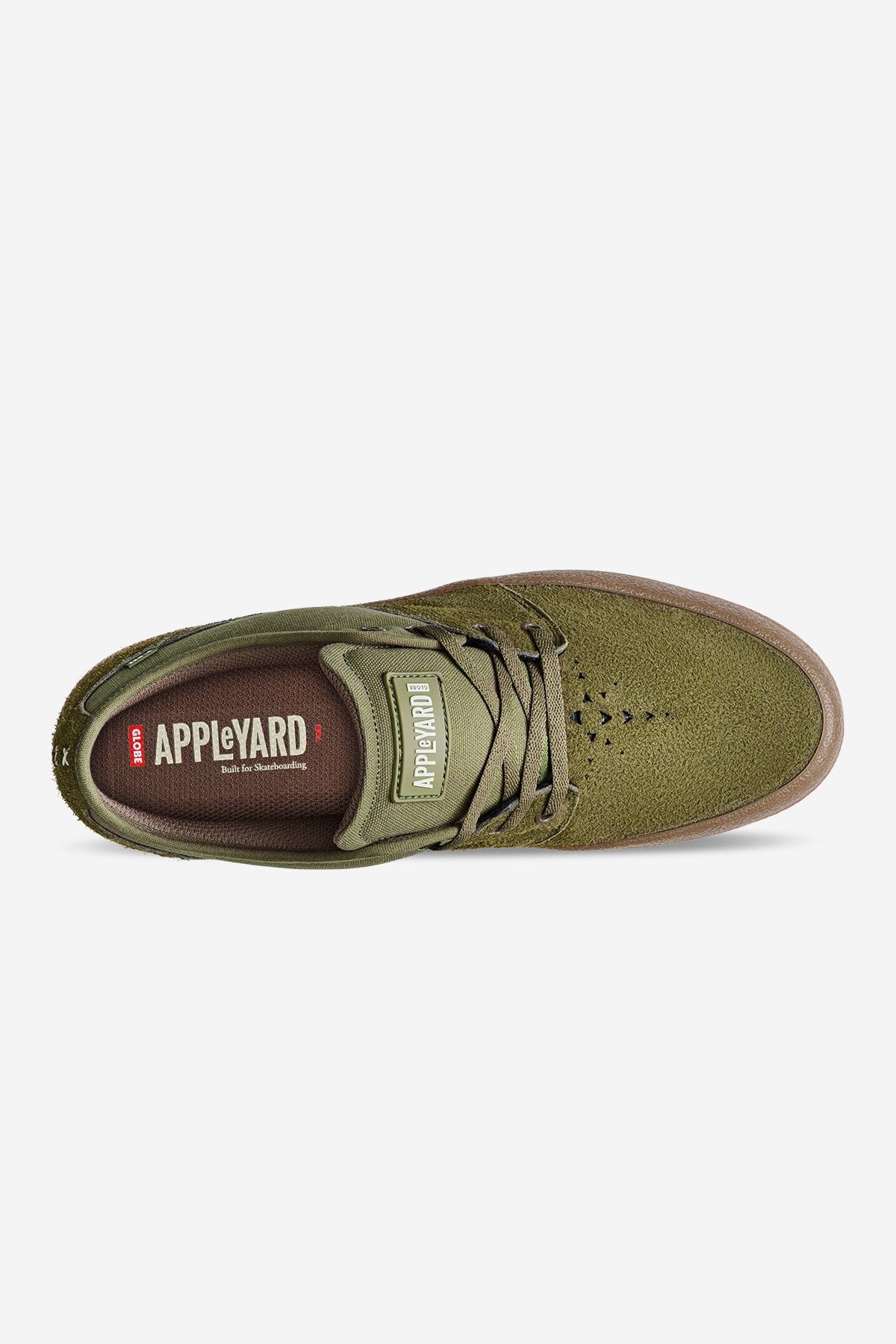 Top view of the Mahalo - Military Olive/Crepe skate shoe with an APPLE YARD label on the tongue and insole, a brown sole, green laces, and displayed against a white background.