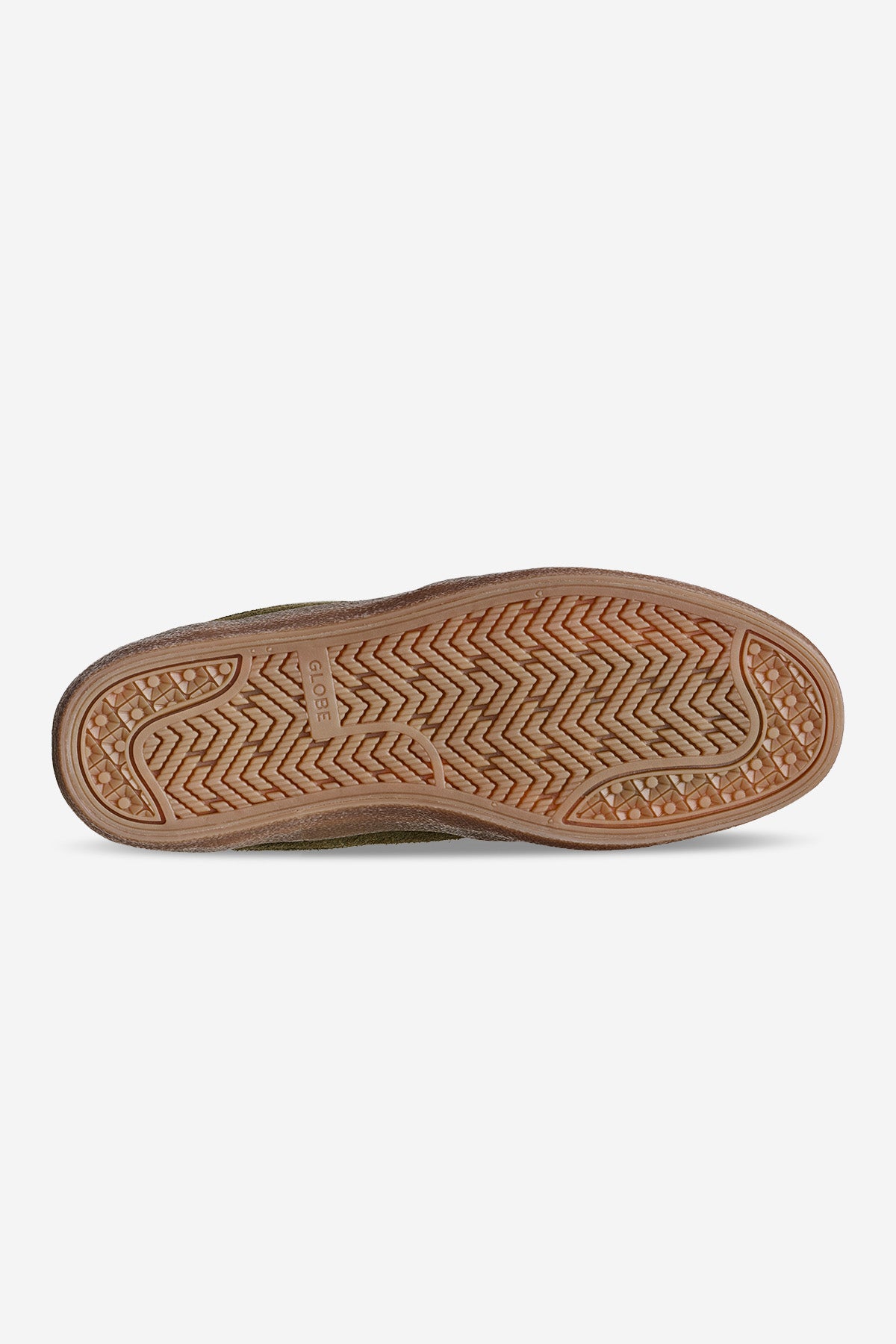 The image shows the sole of the Mahalo - Military Olive/Crepe shoe with a brown, textured tread in herringbone and hexagonal patterns, designed to enhance grip and traction.