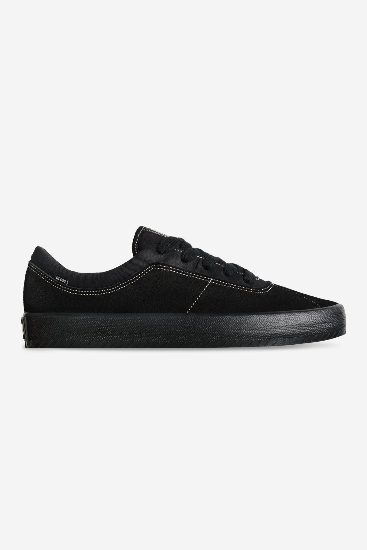 Black Melbek skate shoe with white contrast stitching and durable rubber outsole