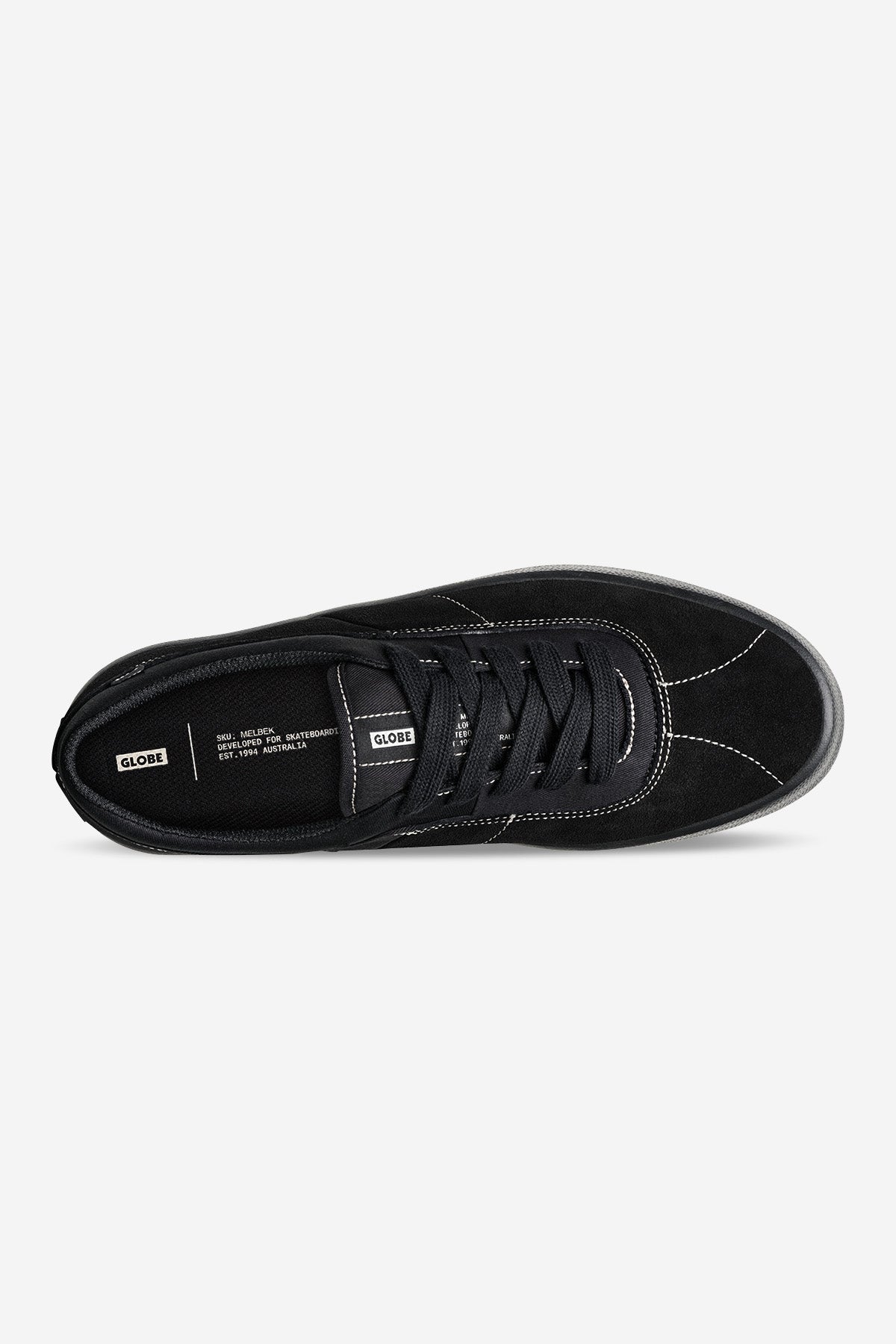 Top view of Melbek skate shoe in black suede with white contrast stitching and laces
