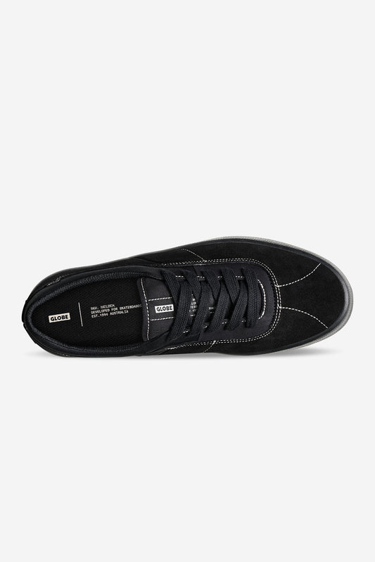 Top view of Melbek skate shoe in black suede with white contrast stitching and laces