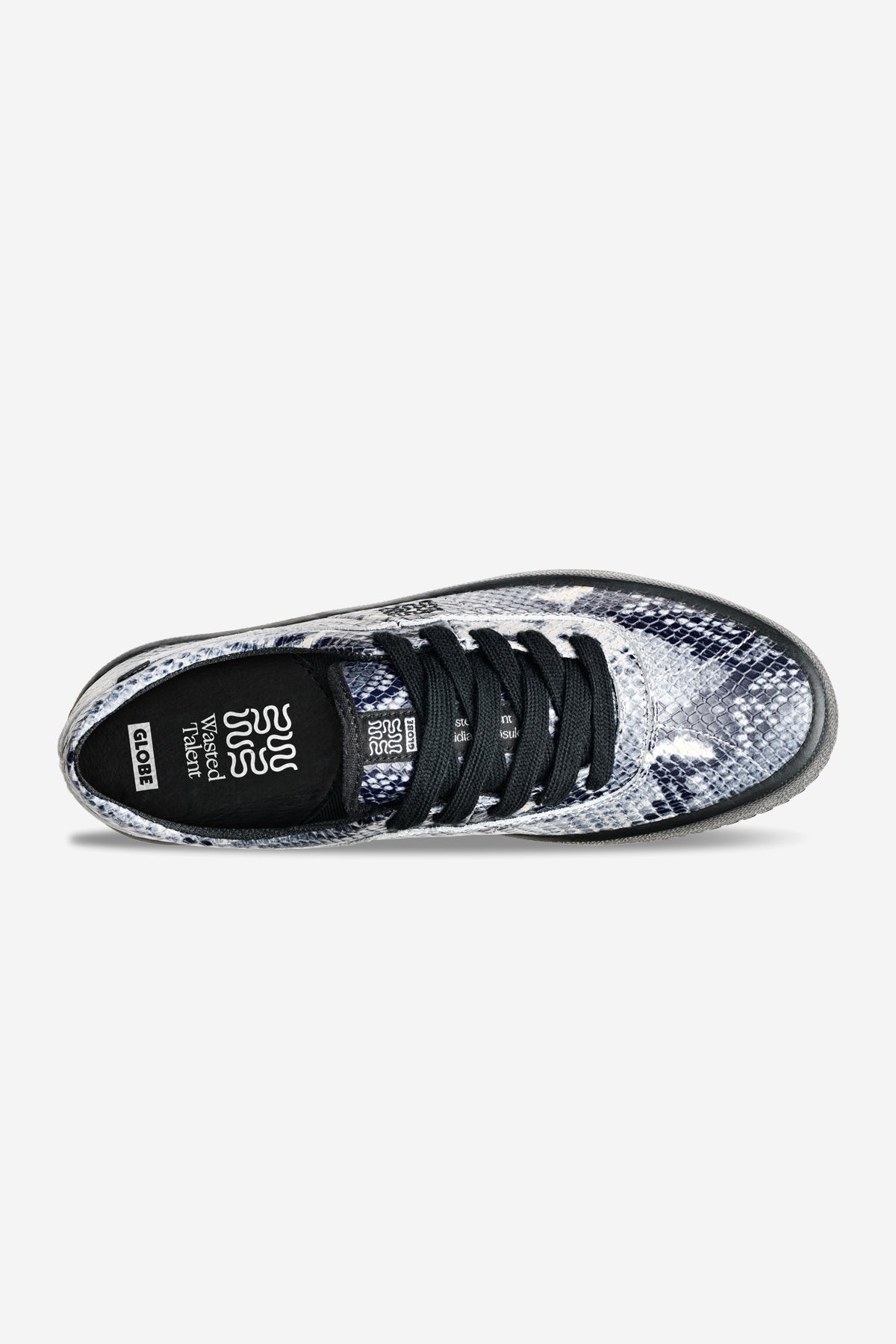 A top view of the Melbek - Wasted Talent Black/Snake sneaker shows its black and gray snakeskin pattern, black laces, and branded black insole.