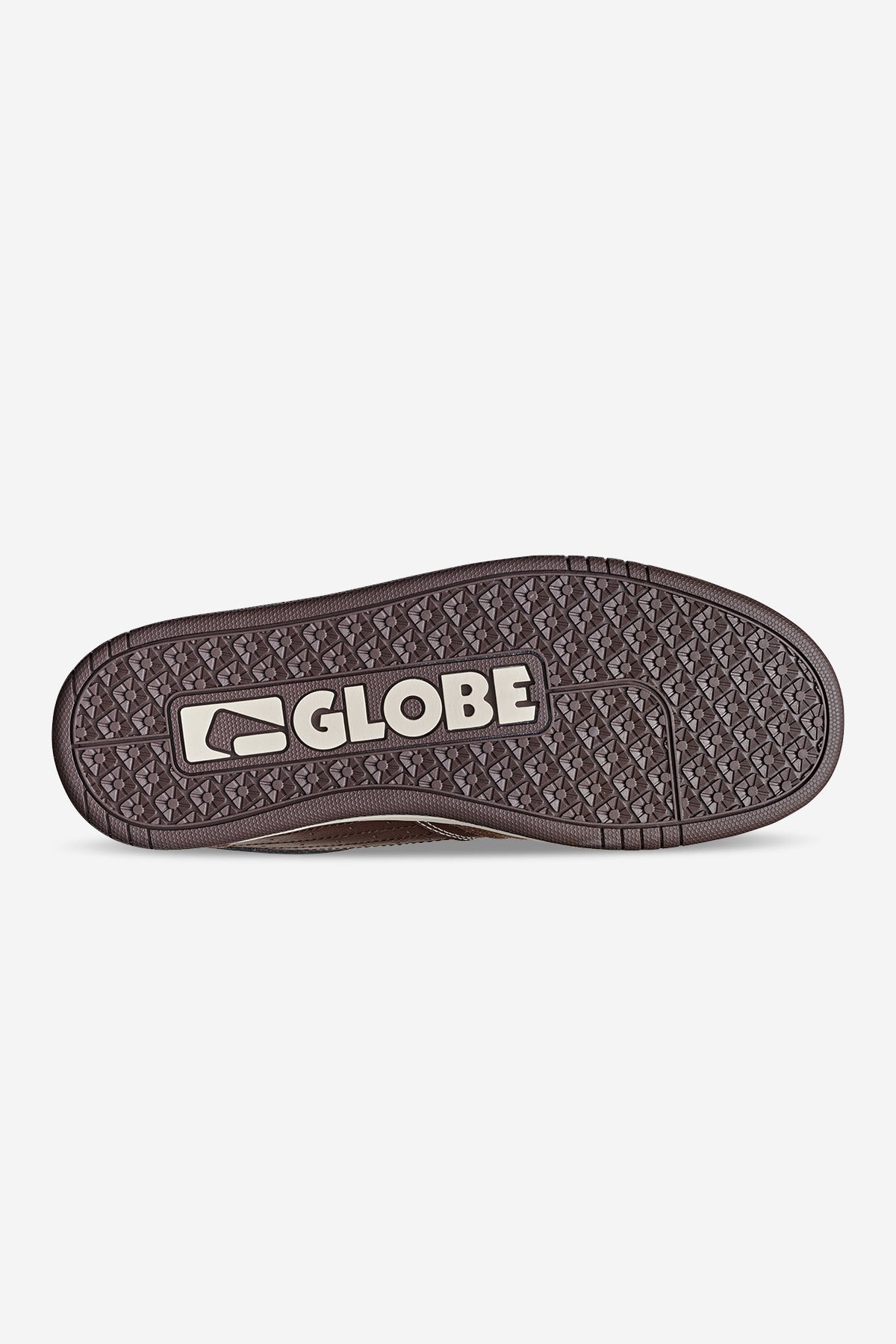 The Mojo 2.0 - Brown/Antique shoe features a textured grip sole with the word GLOBE prominently displayed in bold across the center.