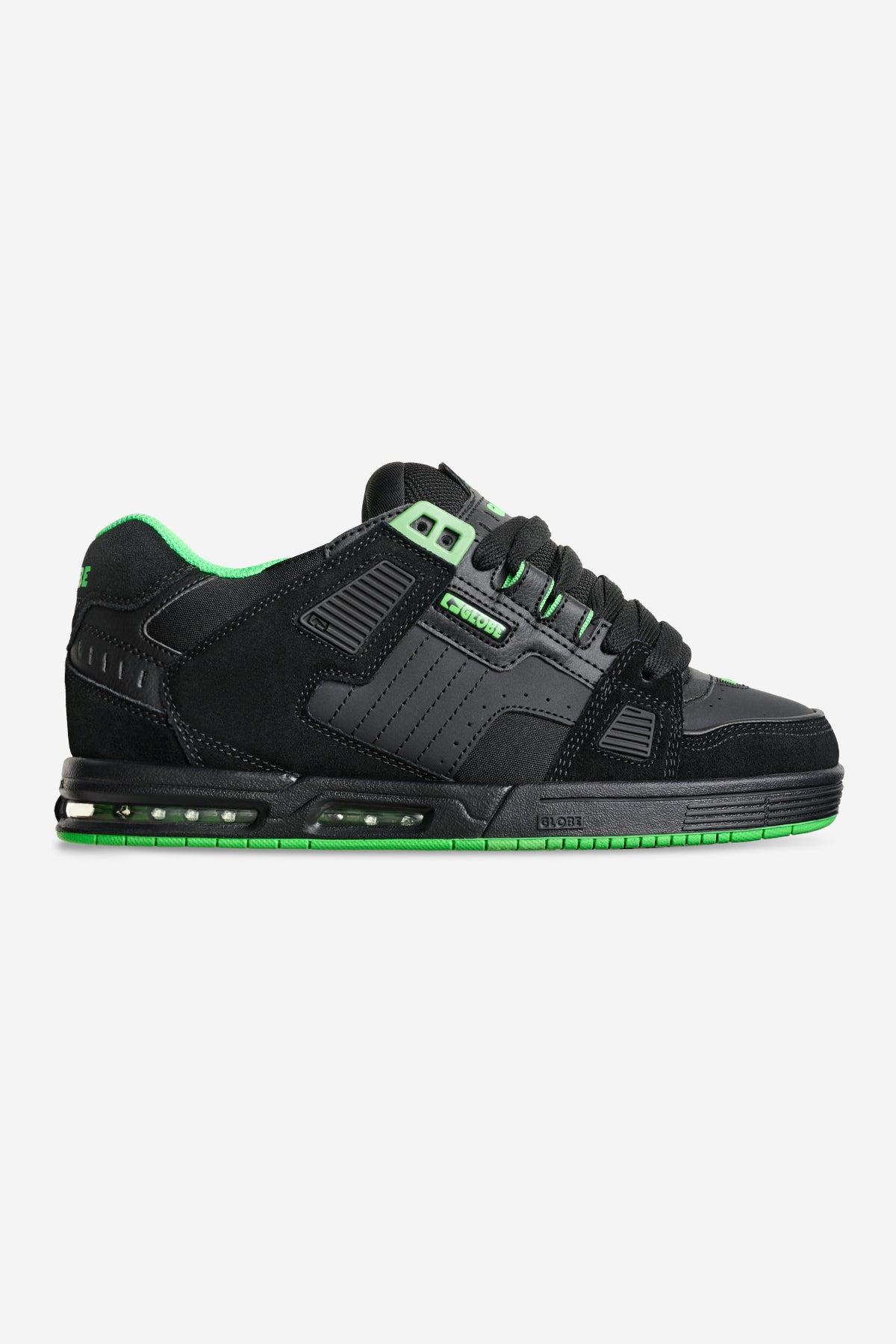 Globe Sabre black and neon green skate shoe side view with padded collar and reinforced upper.