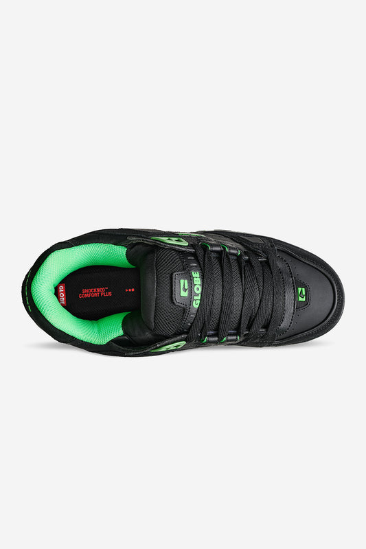 Top view of Globe Sabre black skate shoe with neon green lining and laces.