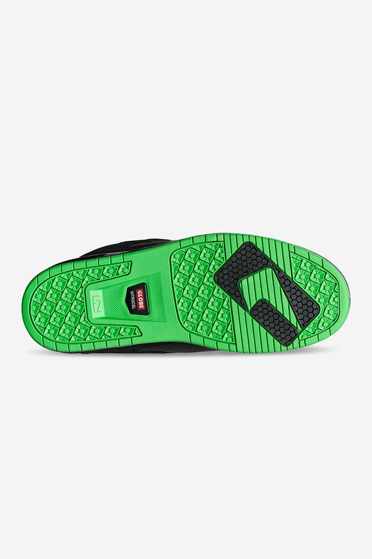 Bottom view of Globe Sabre neon green outsole with black traction pattern.