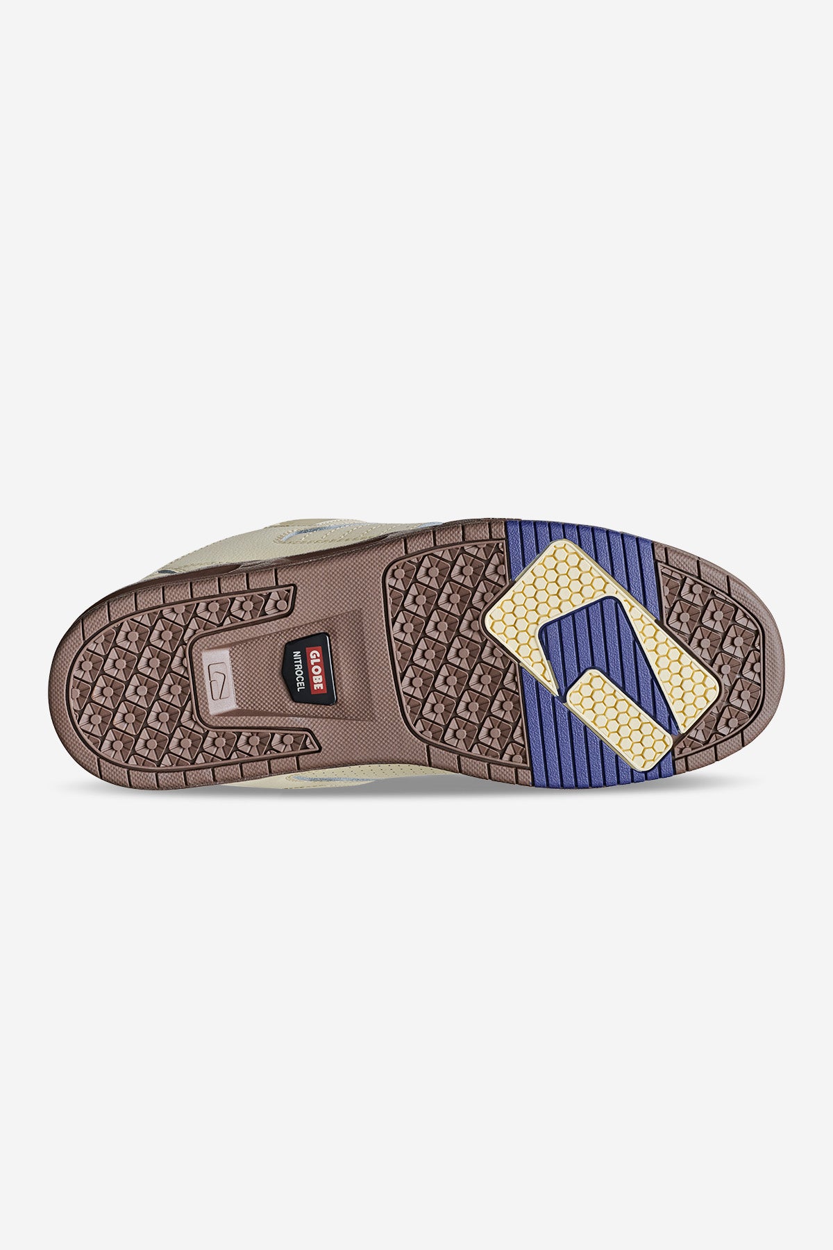 The image shows the outsole of the Sabre - Antique White/Blue sneaker, featuring a multi-textured tread in brown, yellow, and blue, with a visible GORE-TEX label and a rectangular branding detail.