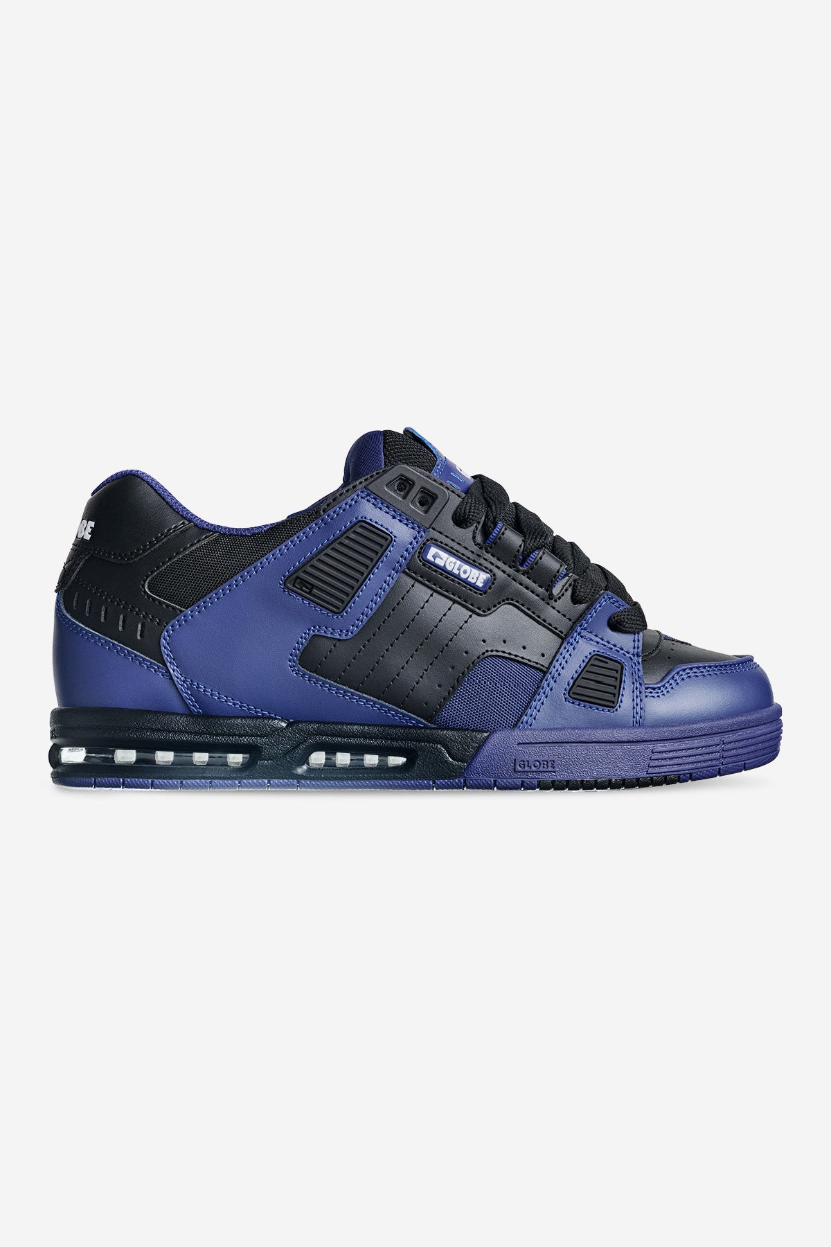 The Sabre - Gradient Blue is a low-top athletic sneaker with black and dark purple leather panels, black laces, perforations, and a visible air-cushion sole. 