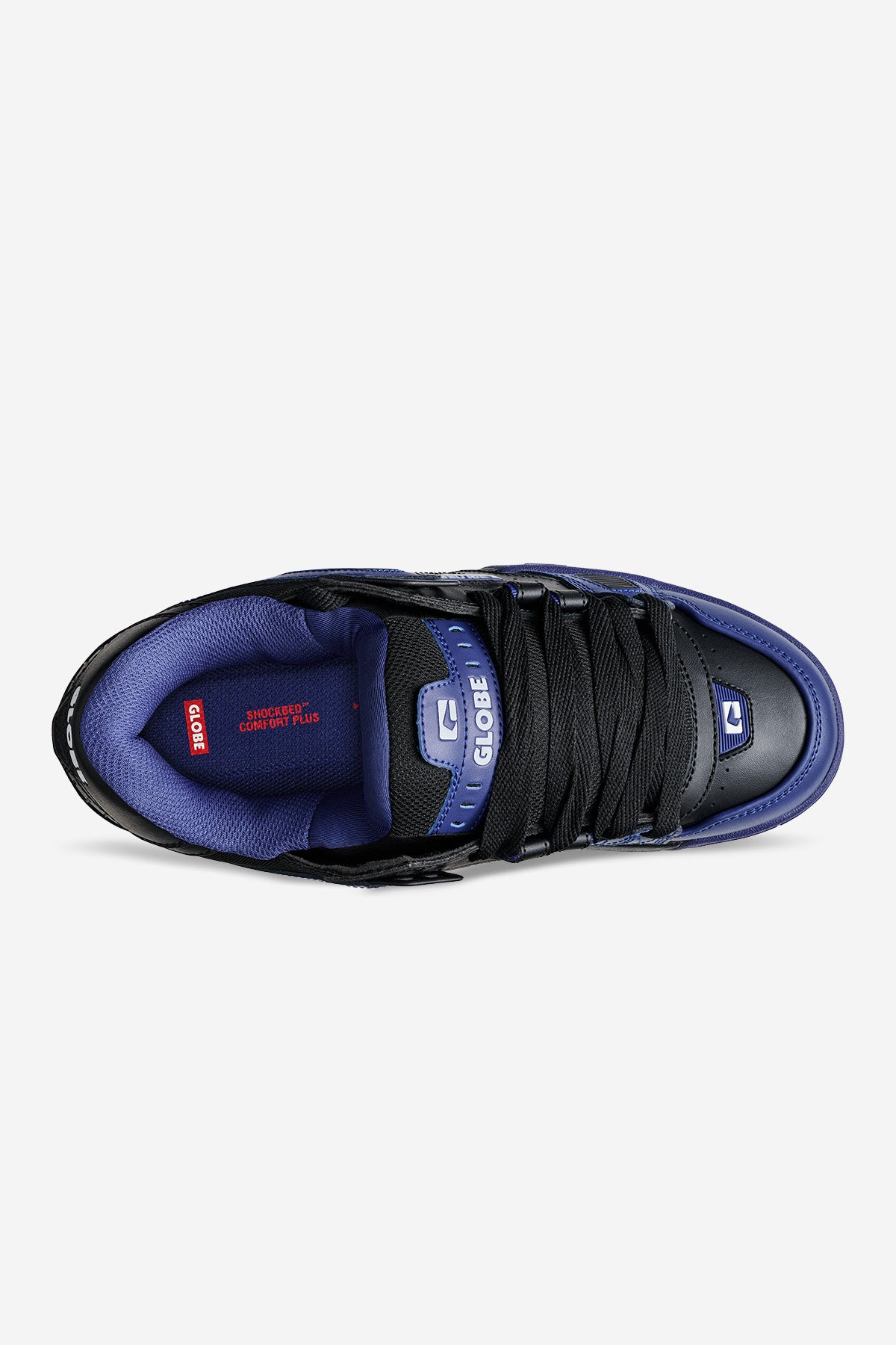 Top view of the Sabre - Gradient Blue skate shoe featuring black laces, a purple inner lining, and a red insole with white text. The Globe logo appears on the tongue and toe area.