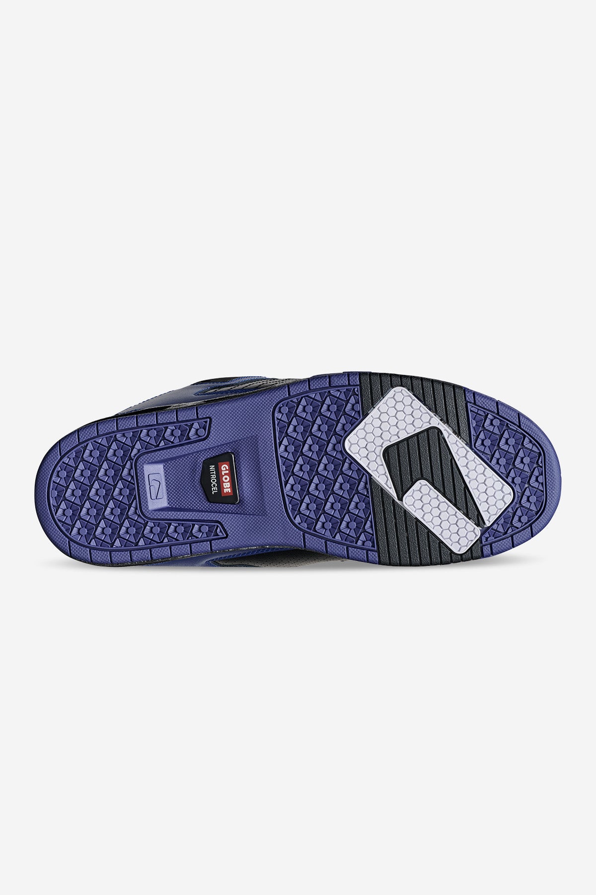 The image shows the outsole of the Sabre - Gradient Blue sneaker, featuring a purple and black tread with honeycomb details at the forefoot and heel.