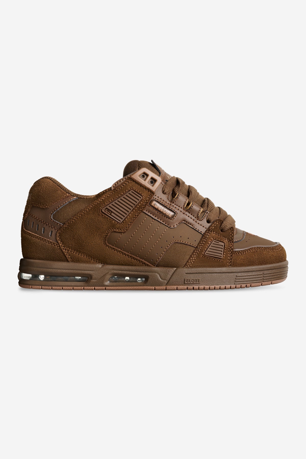 Brown Globe Sabre skate shoe side view with suede and leather panels