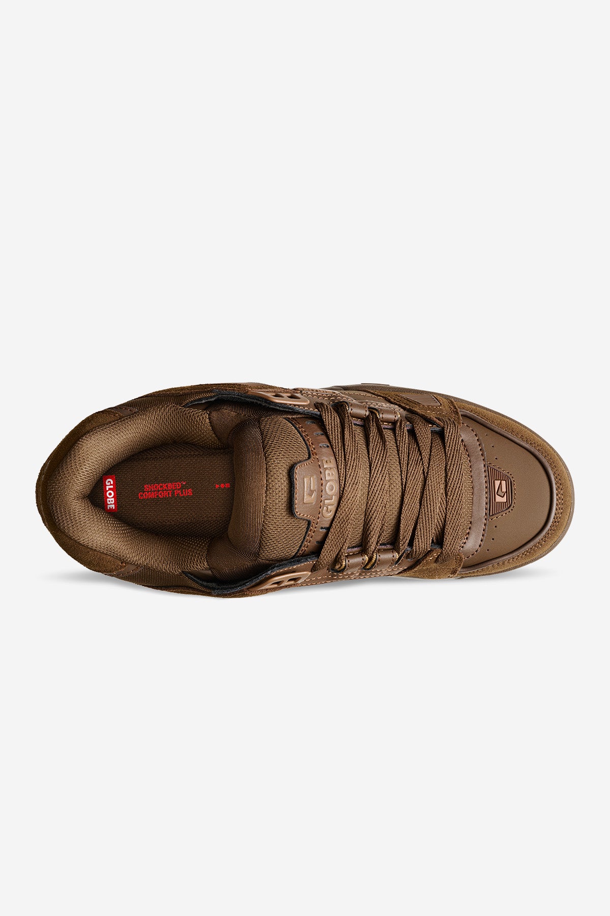 Top-down view of brown Globe Sabre sneaker showing laces and padded tongue