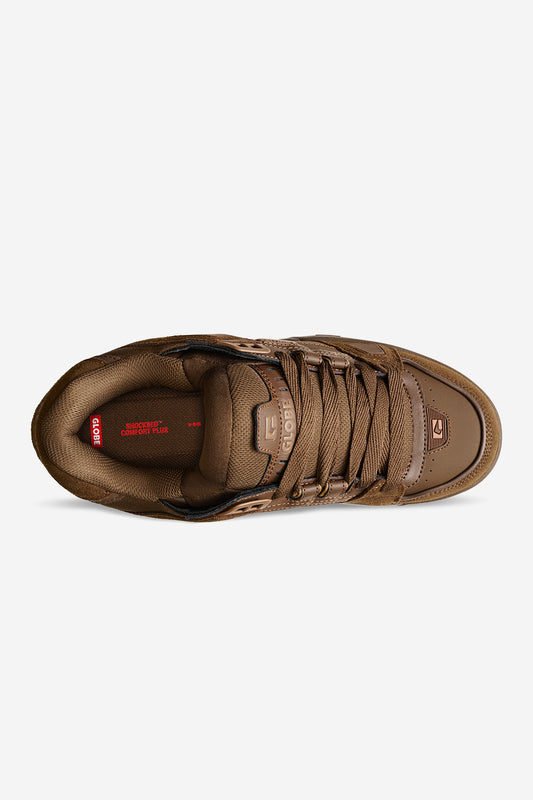 Top-down view of brown Globe Sabre sneaker showing laces and padded tongue
