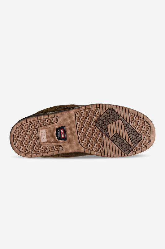 Bottom view of a brown Globe Sabre skate shoe sole with textured tread and Nitrocel label
