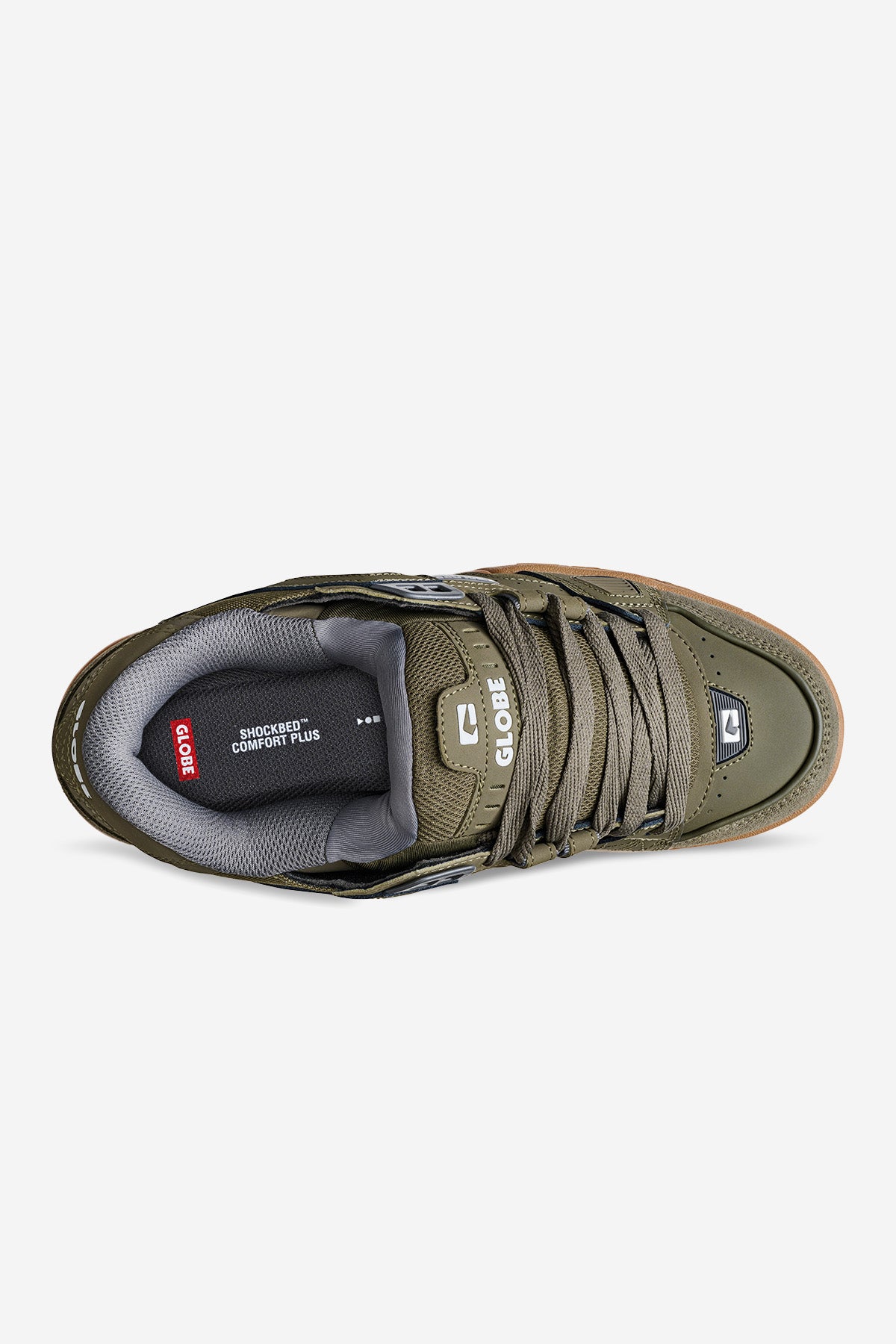 Top view of the Sabre - Moss/Gum skate shoe by Globe, featuring olive green color, gray lining, tan sole, white Globe logo on the tongue, and "SHOCKBED COMFORT PLUS" printed in white on the insole.