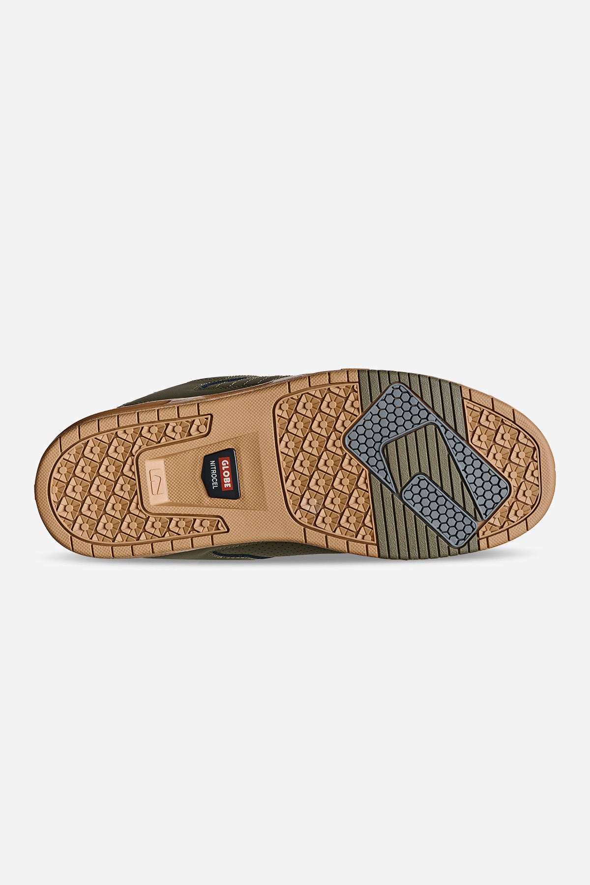 The image shows the treaded outsole of the Sabre - Moss/Gum shoe, with tan, brown, and gray geometric patterns and grooves. The Gore-Tex logo is near the heel, while textured designs highlight the toe and forefoot areas.